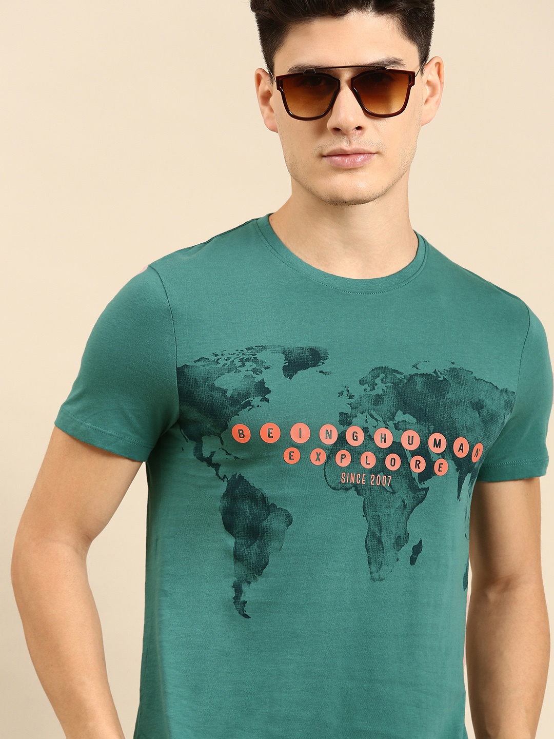 

Being Human Clothing Men Brand Logo Printed Pure Cotton T-shirt, Green