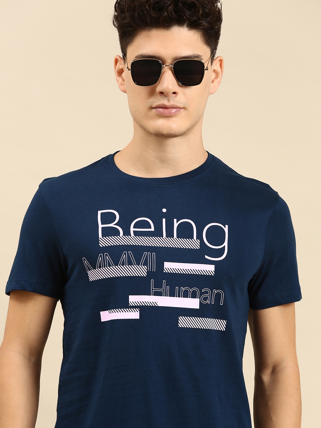 

Being Human Clothing Men Brand Logo Printed Pure Cotton T-shirt, Navy blue