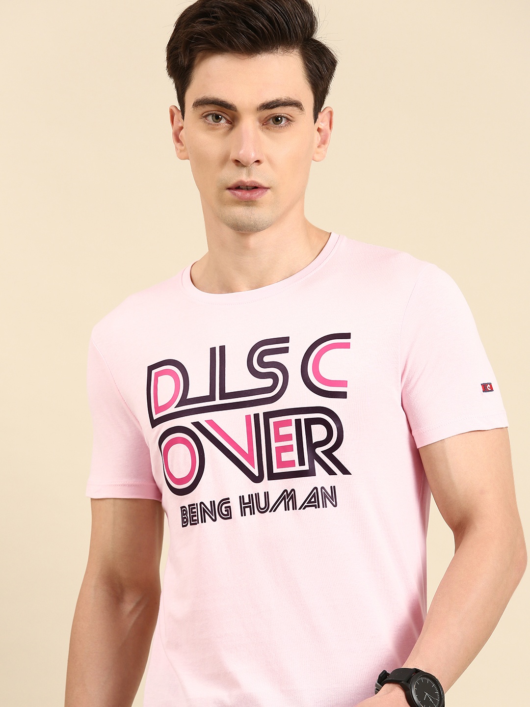 

Being Human Men Brand Logo Printed Pure Cotton Applique T-shirt, Pink