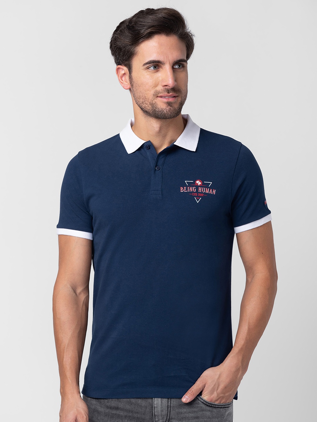 

Being Human Men Brand Logo Printed Polo Collar Pure Cotton T-shirt, Navy blue