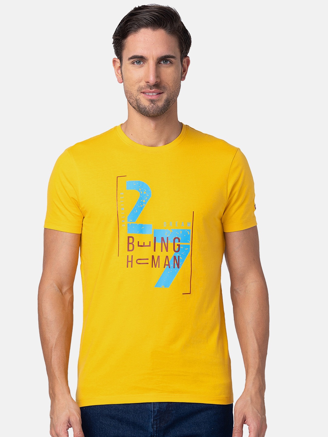 

Being Human Typography Printed Pure Cotton T-shirt, Yellow