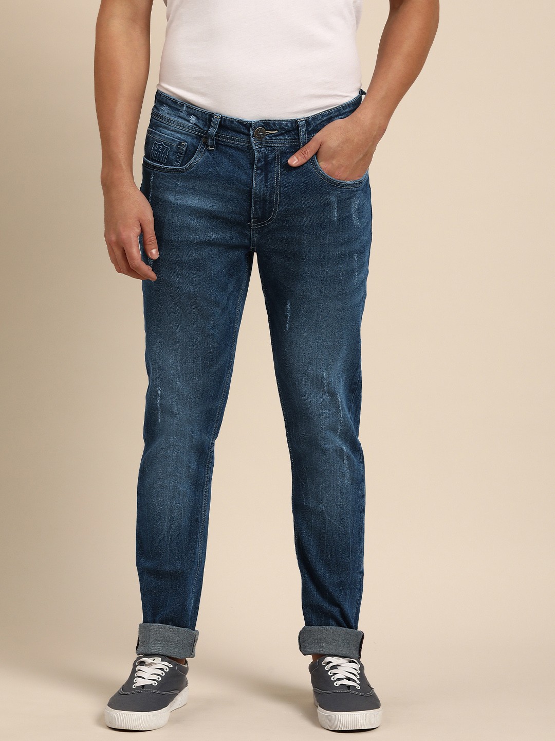 

Being Human Men Slim Fit Low Distress Light Fade Stretchable Jeans, Blue