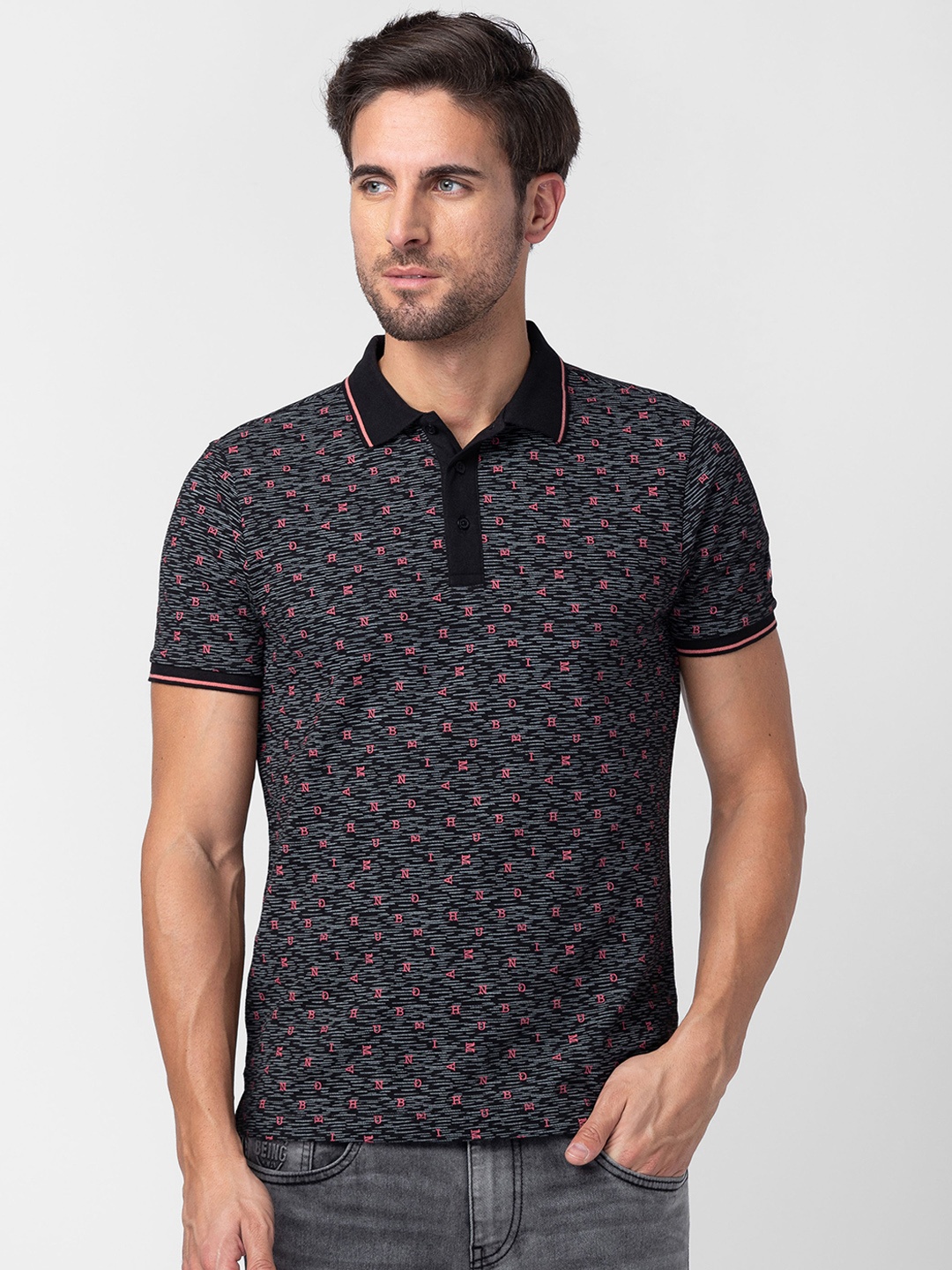 

Being Human Men Pure Cotton Typography Printed Polo Collar T-shirt, Black