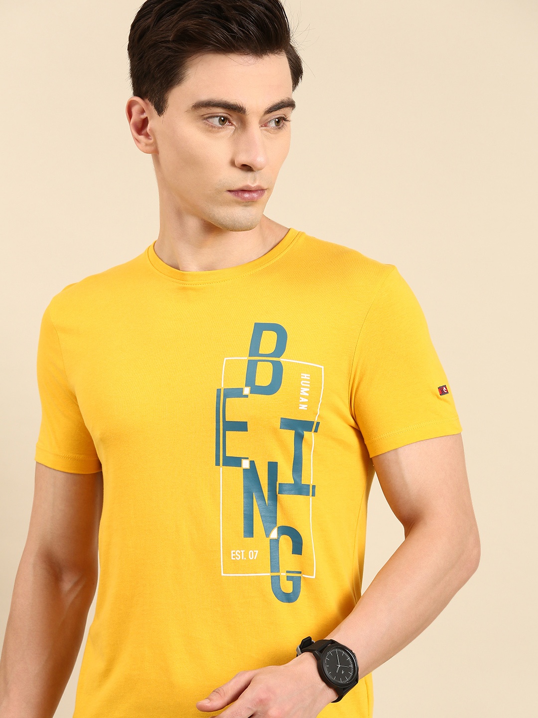 

Being Human Men Brand Logo Printed Pure Cotton T-shirt, Mustard