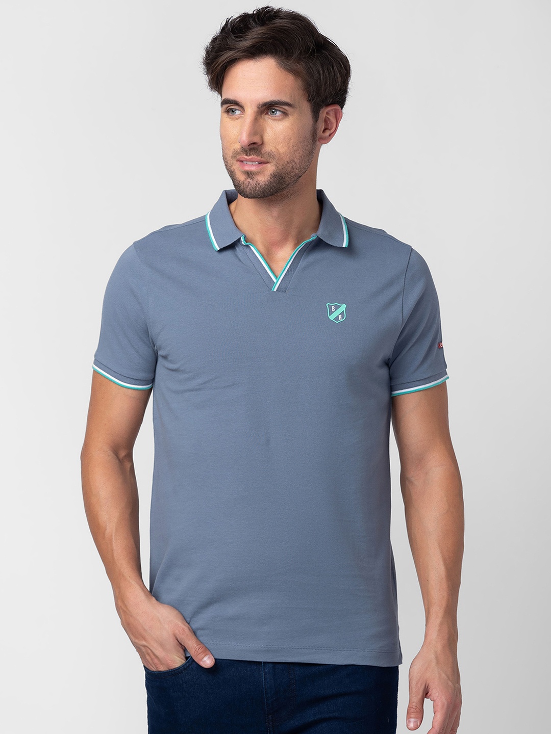 

Being Human Clothing Men Pure Cotton Polo Collar Applique T-shirt, Blue