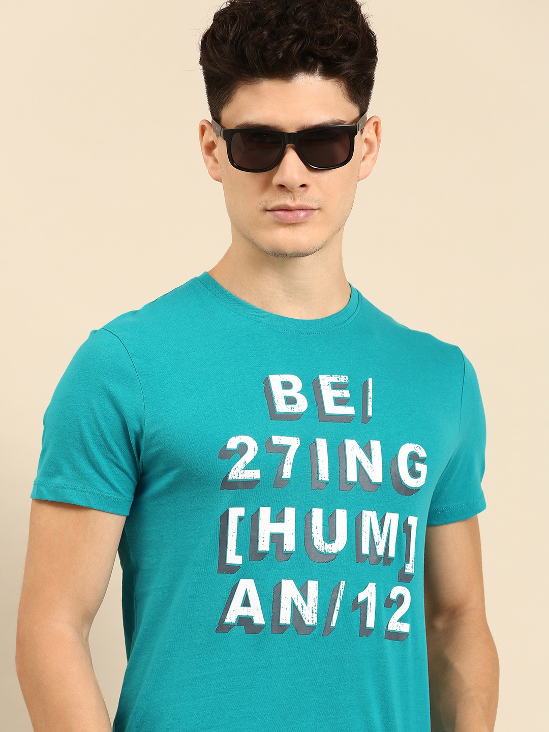 Being Human Men Brand Logo Print Round Neck Pure Cotton Knitted T-shirt, Blue