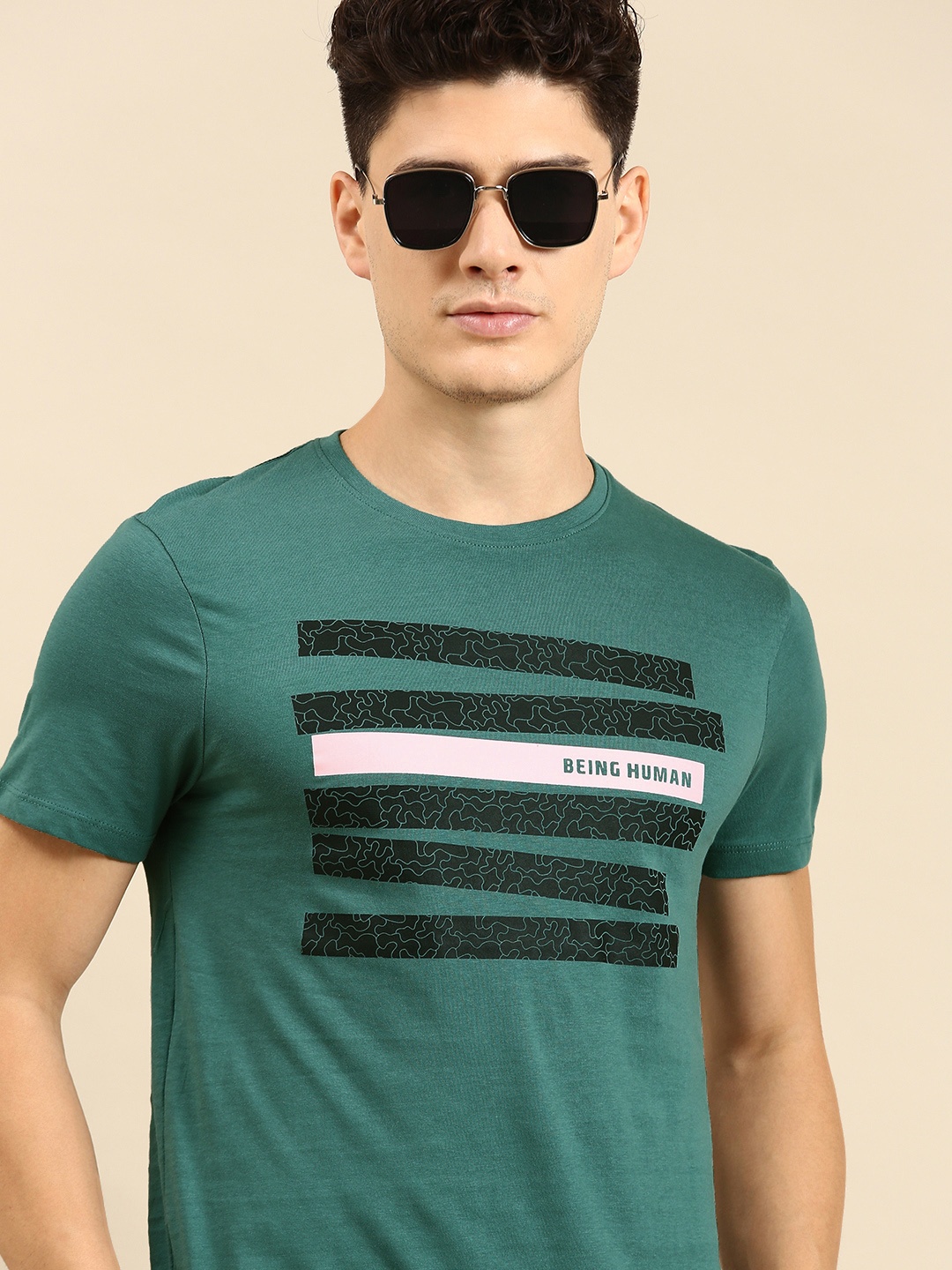 

Being Human Clothing Men Brand Logo Printed Pure Cotton T-shirt, Green
