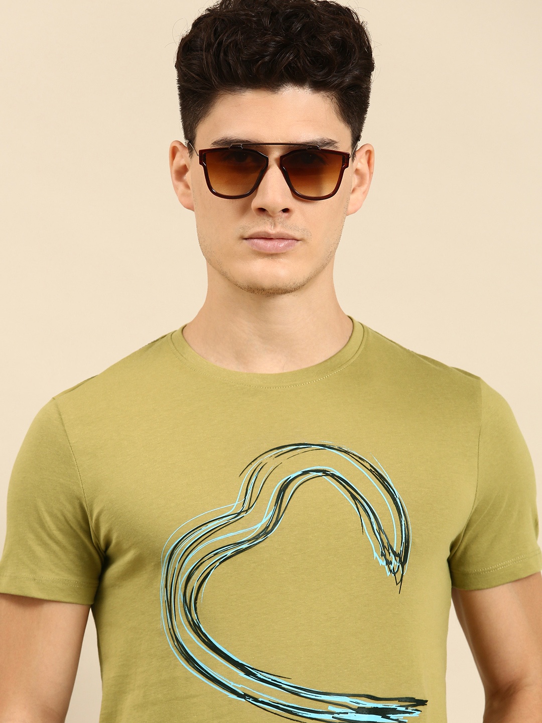 Being Human Men Brand Logo Print Round Neck Pure Cotton Knitted T-shirt, Khaki