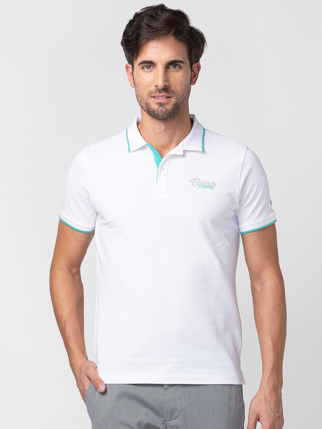 

Being Human Men Brand Logo Detail Polo Collar Pure Cotton T-shirt, White