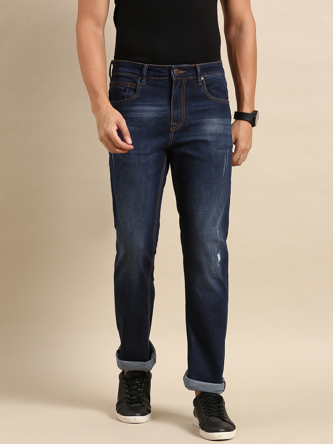 

Being Human Men Bootcut Low Distress Light Fade Stretchable Mid-Rise Jeans, Blue