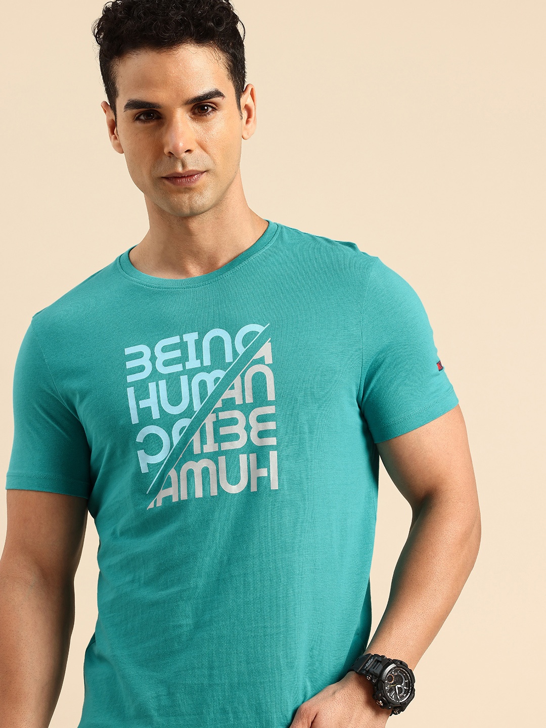 

Being Human Pure Cotton Brand Logo Printed T-shirt, Blue