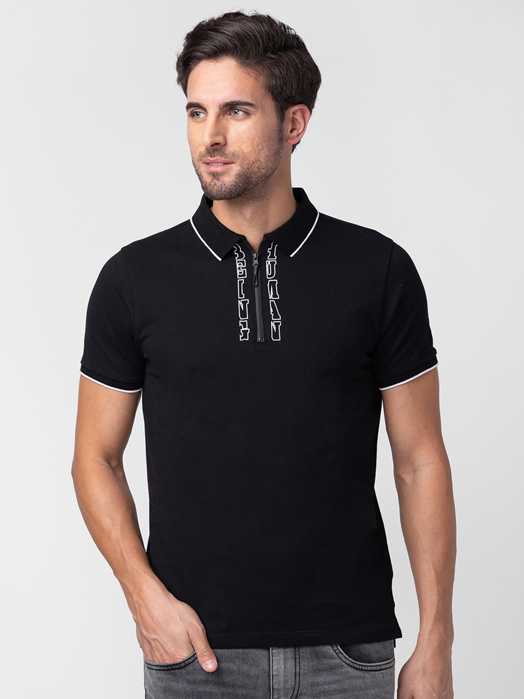 

Being Human Men Brand Logo Printed Polo Collar Pure Cotton T-shirt, Black