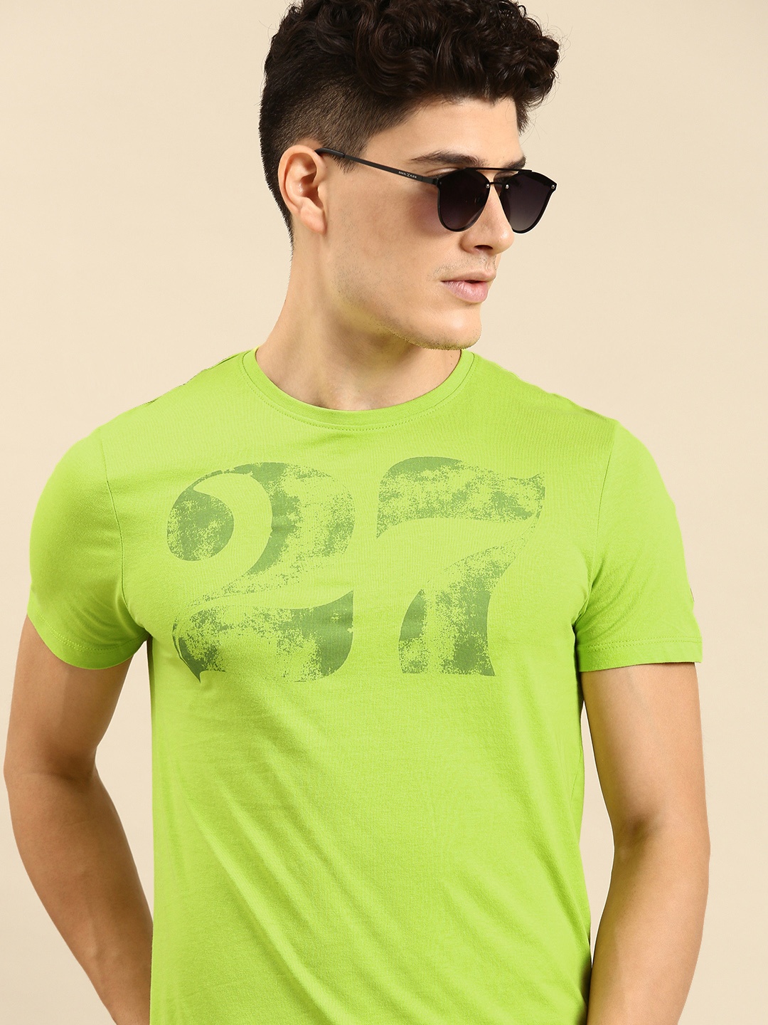 

Being Human Men Lime Green Numeric Print Round Neck Pure Cotton Knitted T-shirt