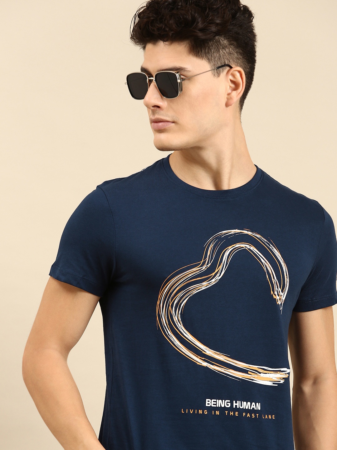 

Being Human Men Brand Logo Printed Pure Cotton T-shirt, Navy blue