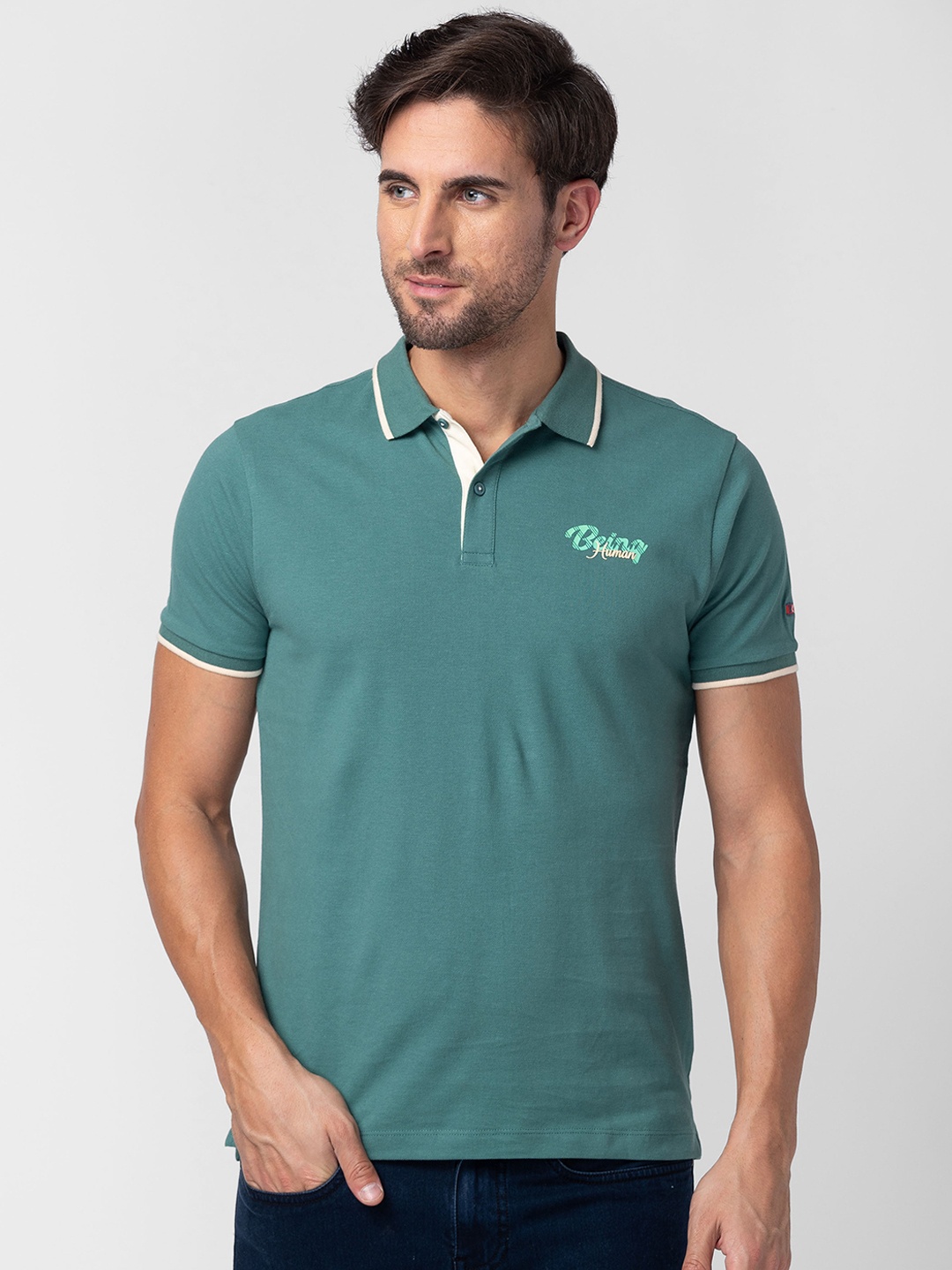 

Being Human Men Pure Cotton Polo Collar T-shirt With Applique Detail, Green