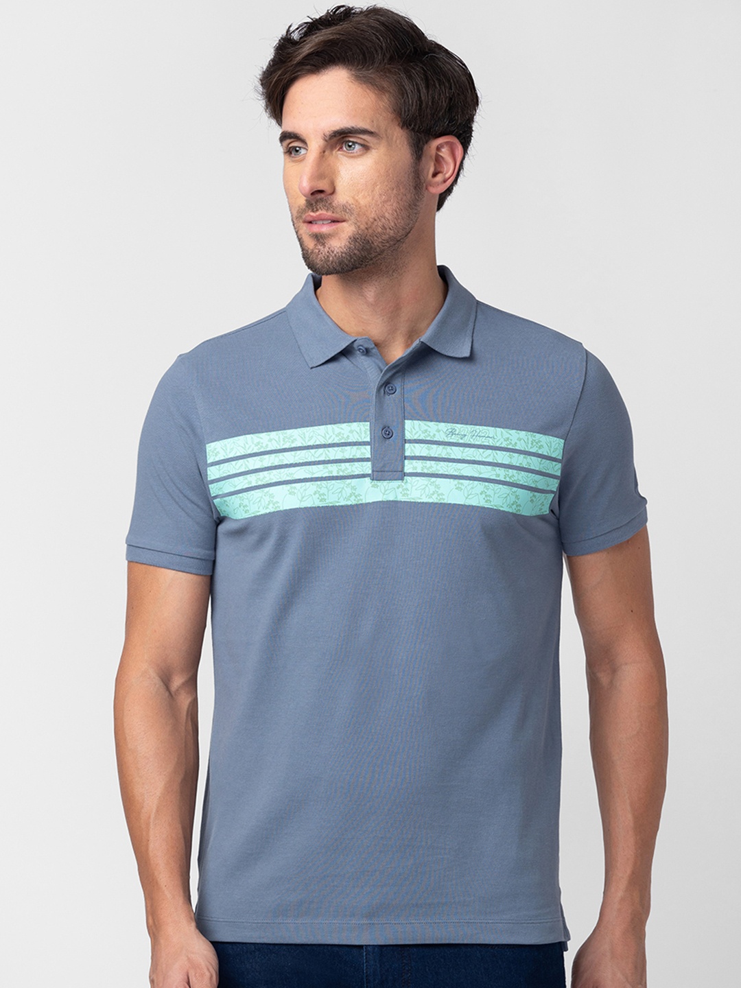 

Being Human Clothing Men Pure Cotton Striped Polo Collar T-shirt, Blue