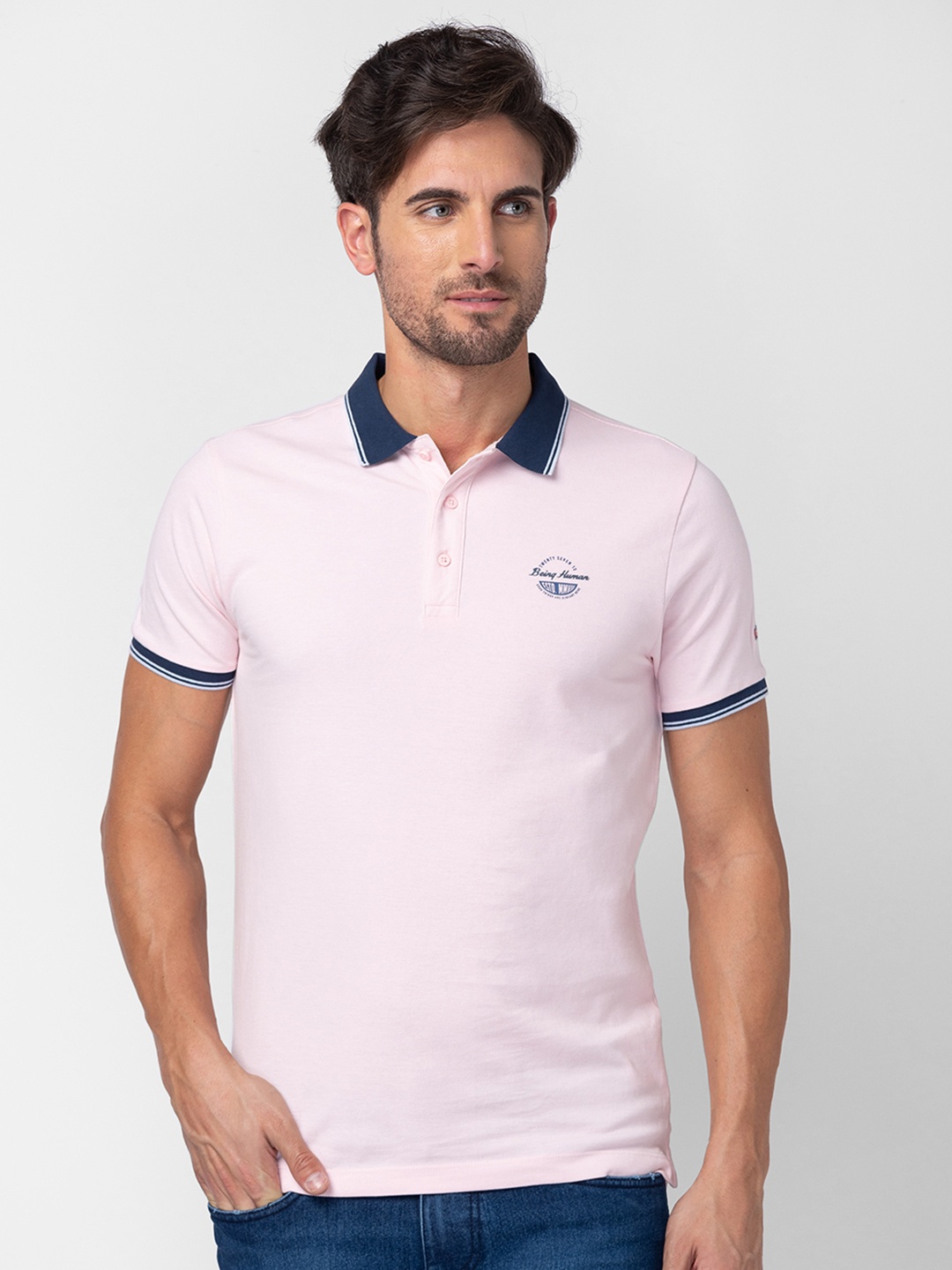 

Being Human Men Pure Cotton Polo Collar T-shirt With Applique Detail, Pink