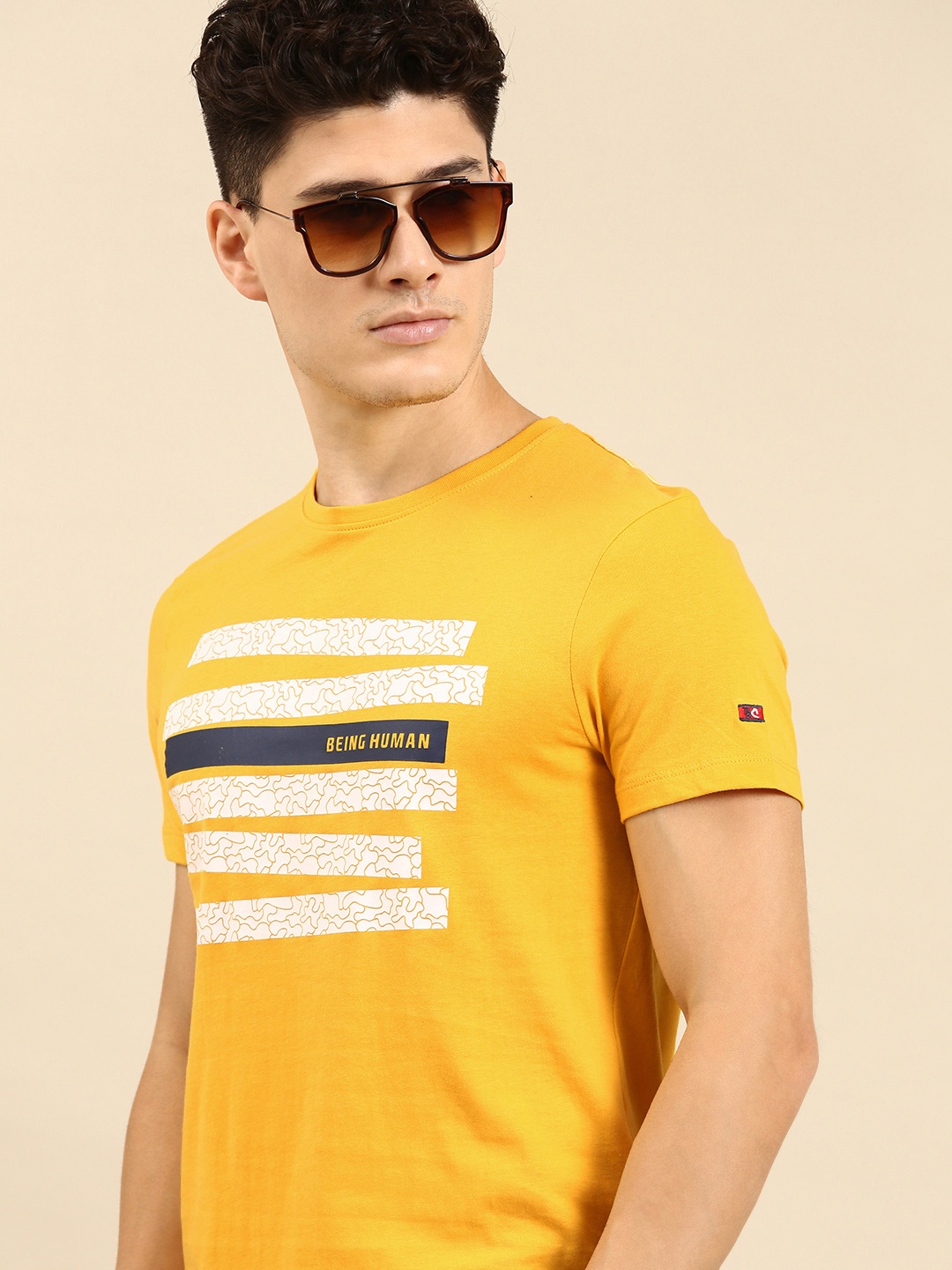 

Being Human Men Striped Pure Cotton T-shirt, Yellow