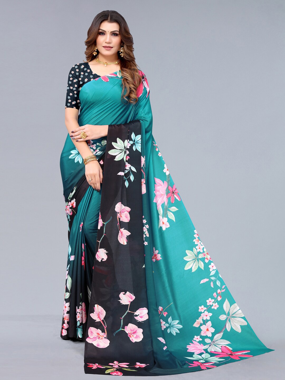 

Mitera Green & Black Floral Silk Blend Saree