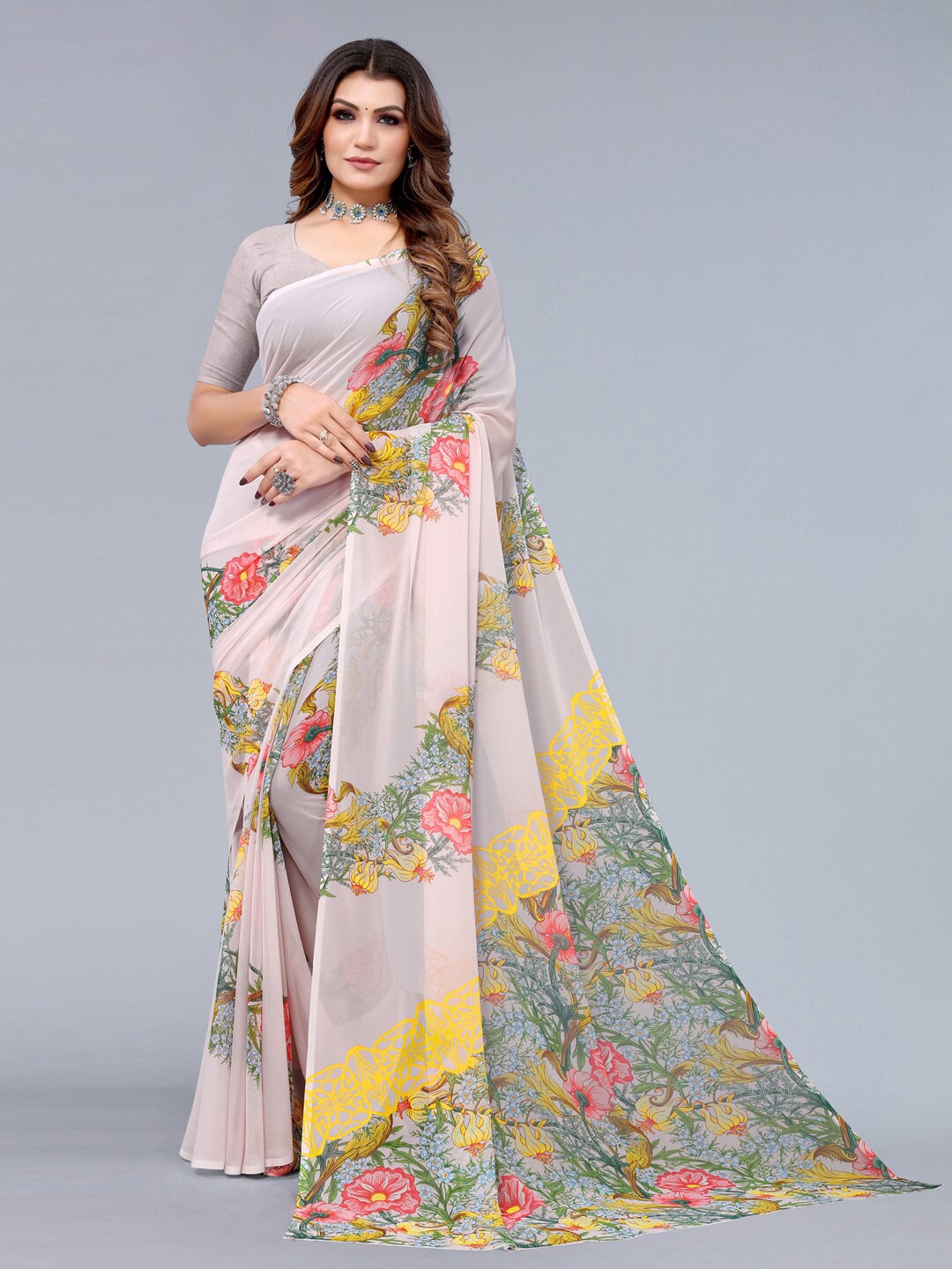 

Mitera Pink & Green Floral Saree