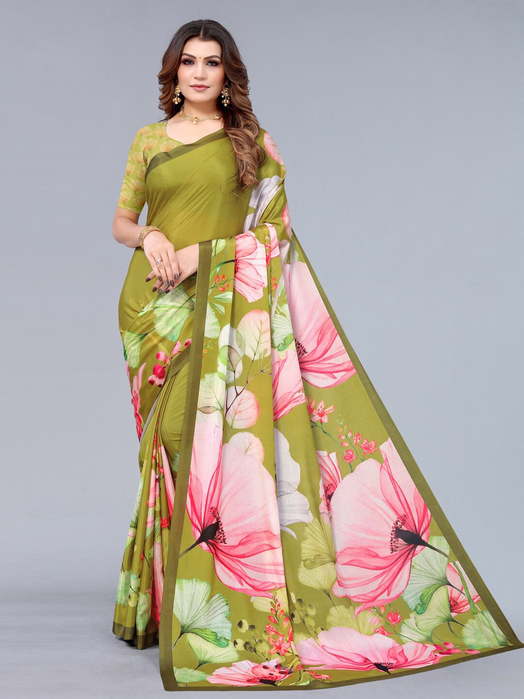 

Mitera Olive Green & Pink Floral Silk Blend Saree