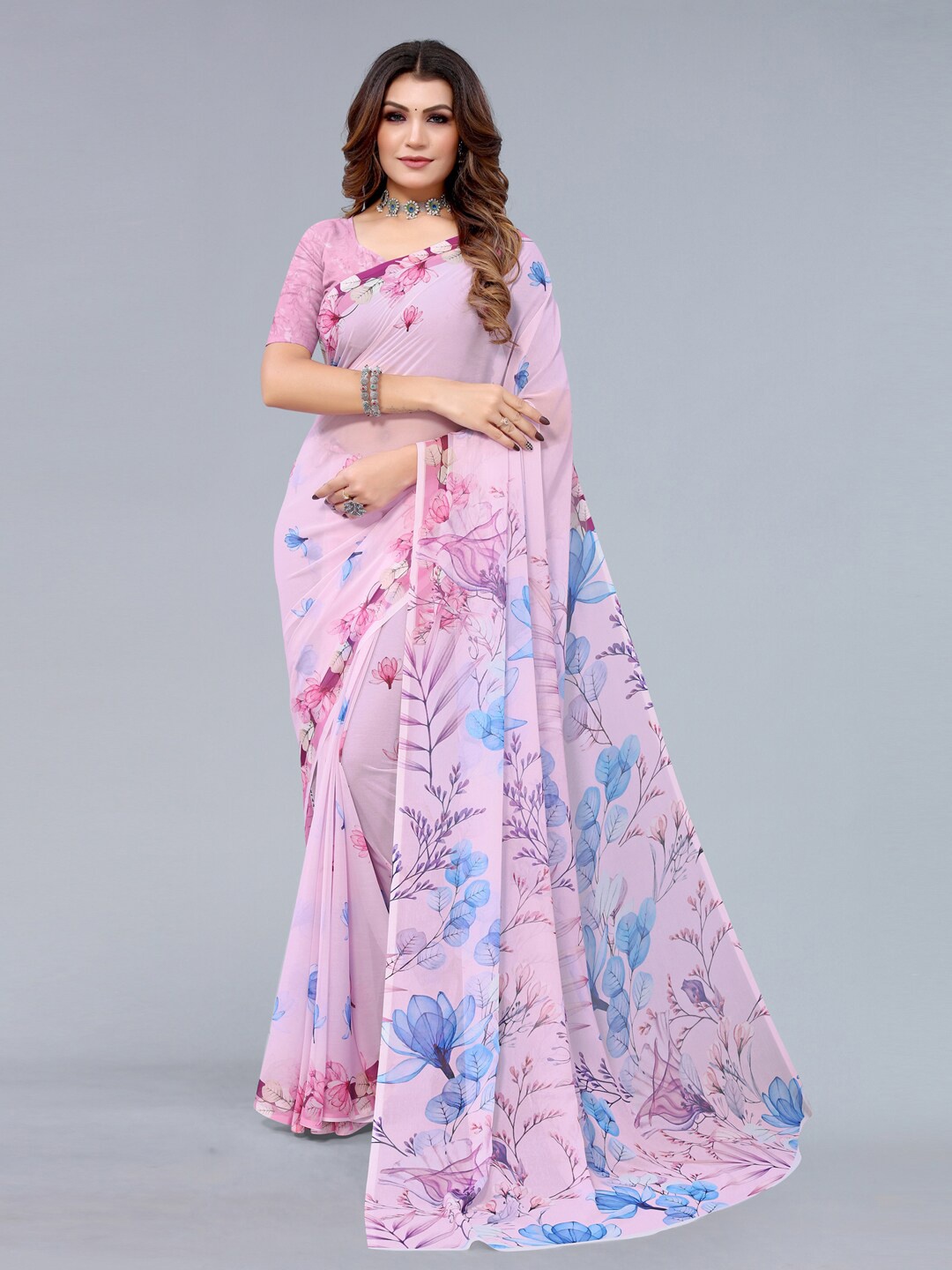 

Mitera Pink & Blue Floral Saree