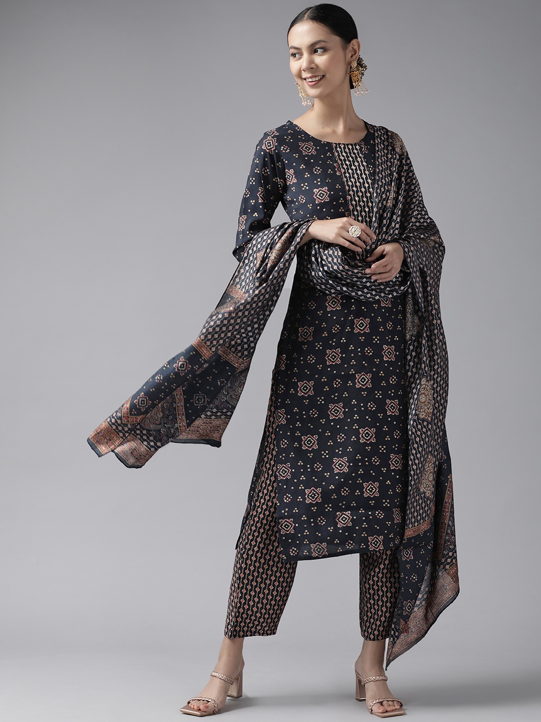 

Yufta Women Navy Blue Bandhani Printed Sequinned Kurta with Trousers & With Dupatta