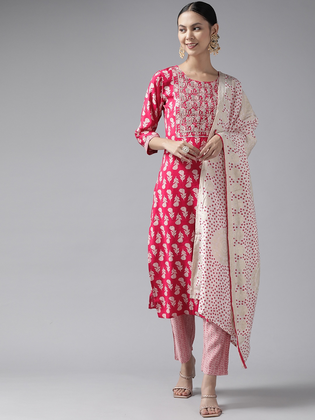 

Yufta Women Pink Floral Yoke Design Thread Work Kurta with Trousers & With Dupatta
