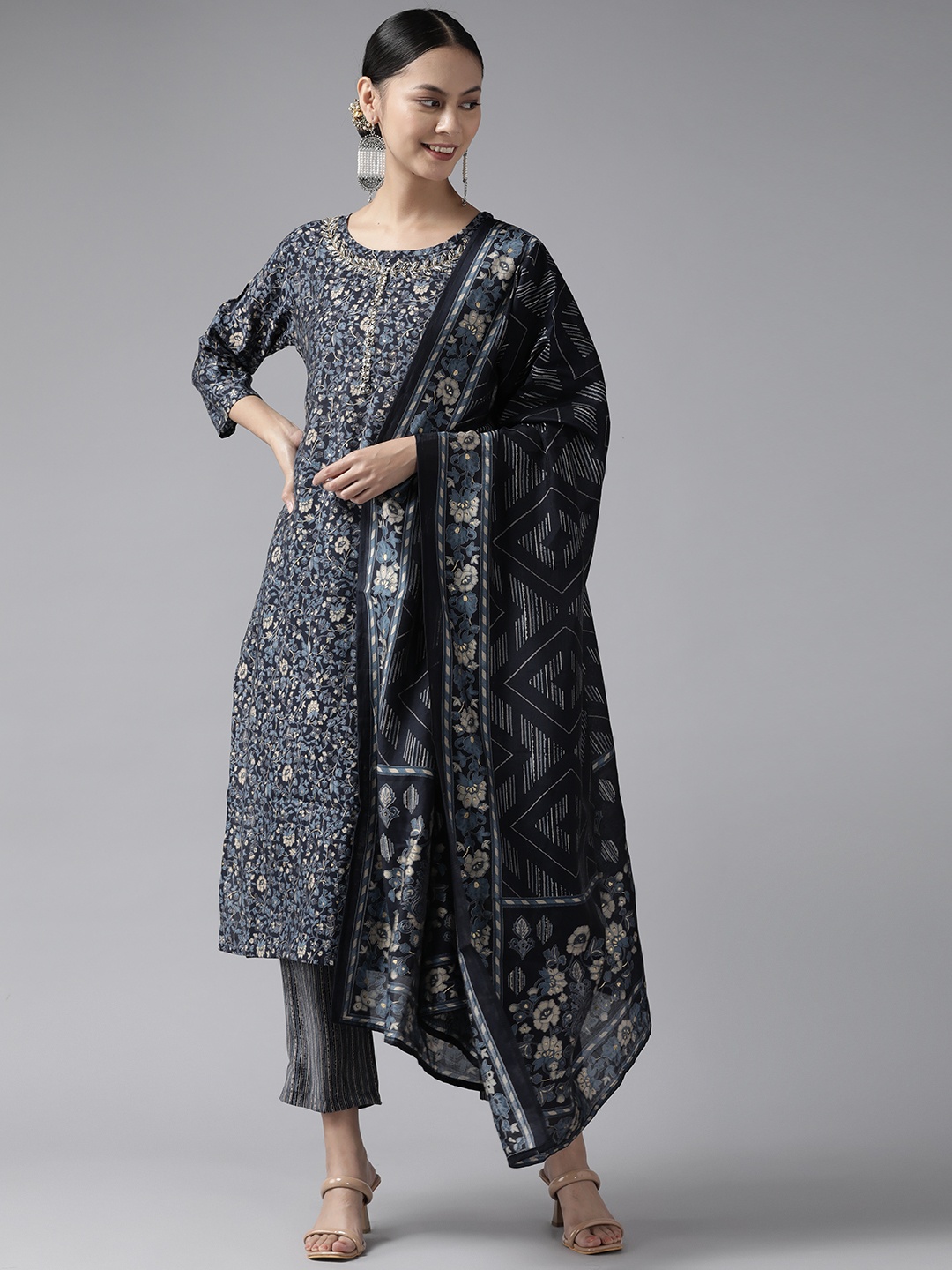 

Yufta Women Navy Blue Floral Embroidered Thread Work Kurta with Trousers & With Dupatta