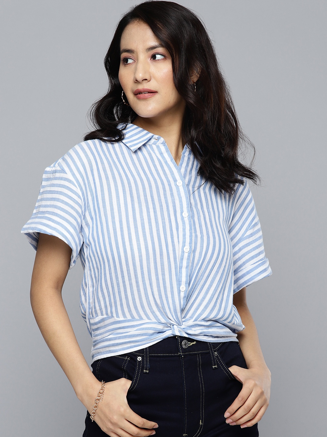 

HERE&NOW Women Standard Fit Striped Casual Shirt, White