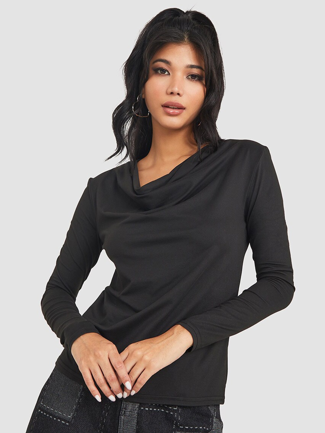 

Styli Regular Cowl Neck Long Sleeves Top, Black