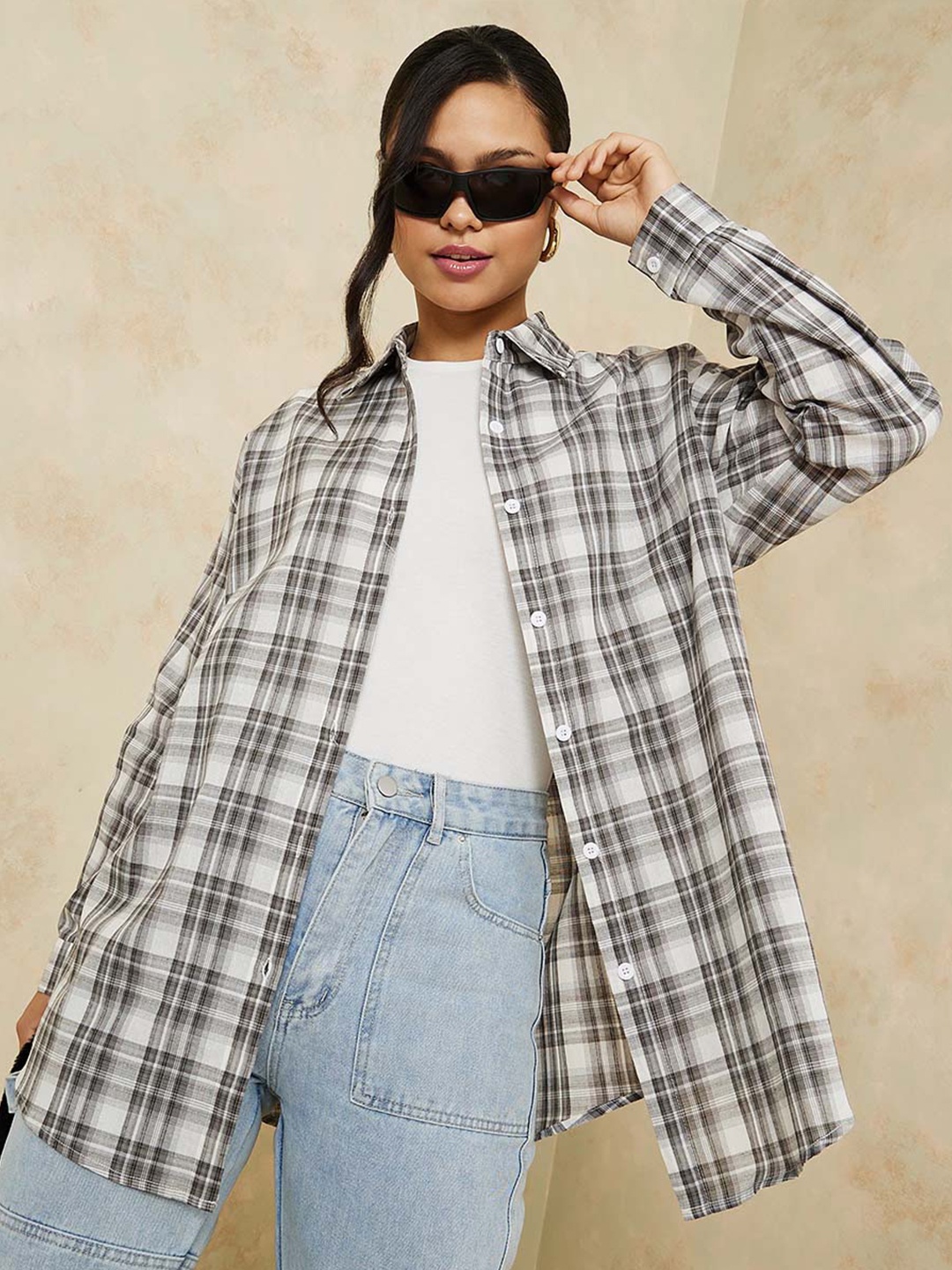 

Styli Women Tartan Checked Casual Shirt, Grey