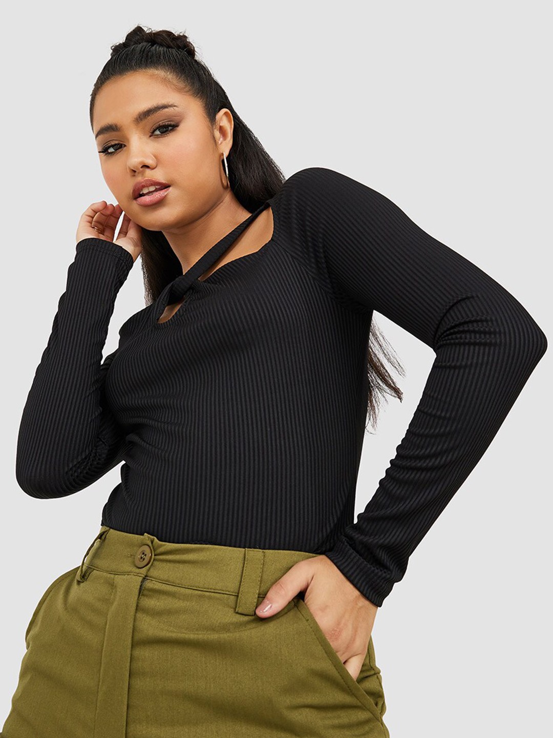 

Styli Regular Cut Out Striped Top, Black