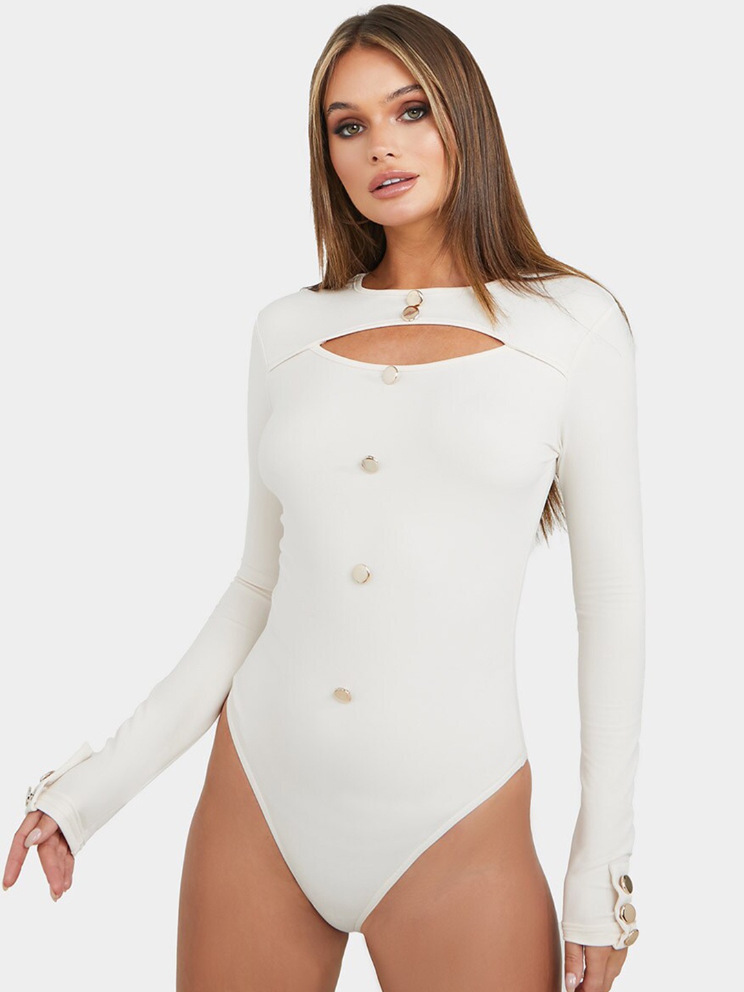 

Styli Women Cream Button Embellished Bodysuit