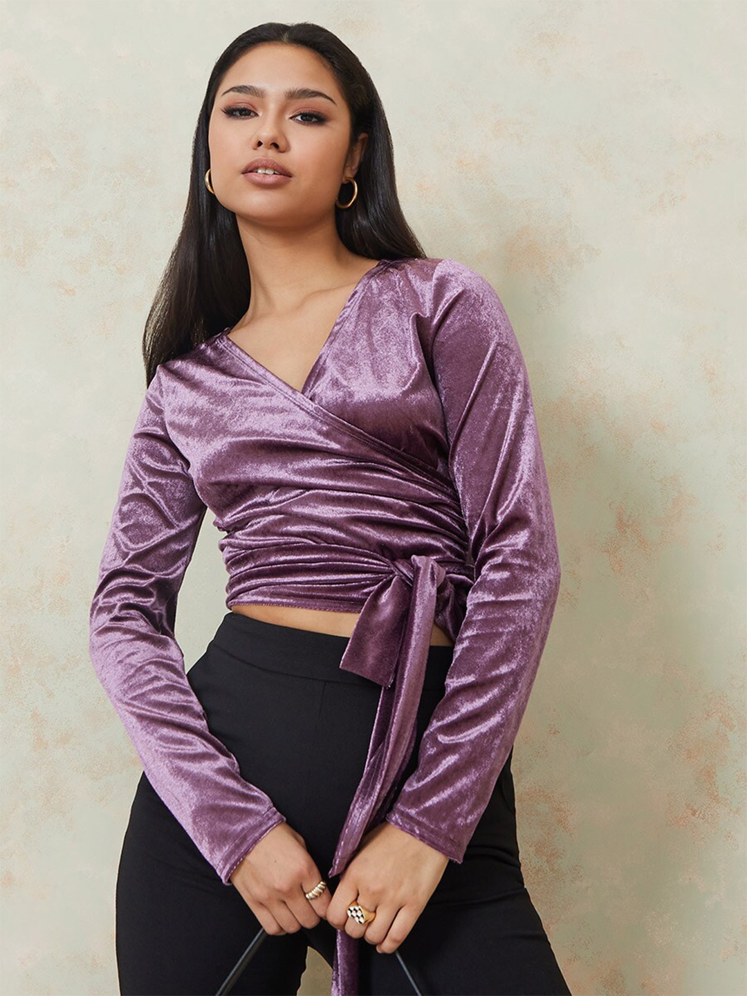 

Styli Wrap Waist Tie Ups Crop Top, Purple