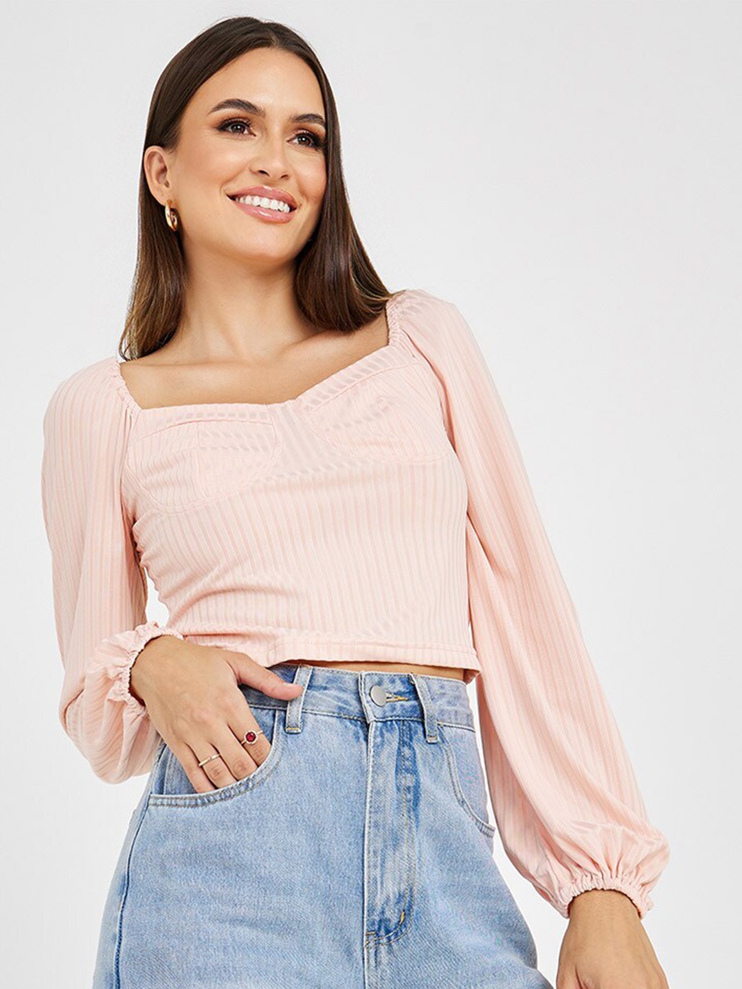 

Styli Striped Sweetheart Neck Top, Pink