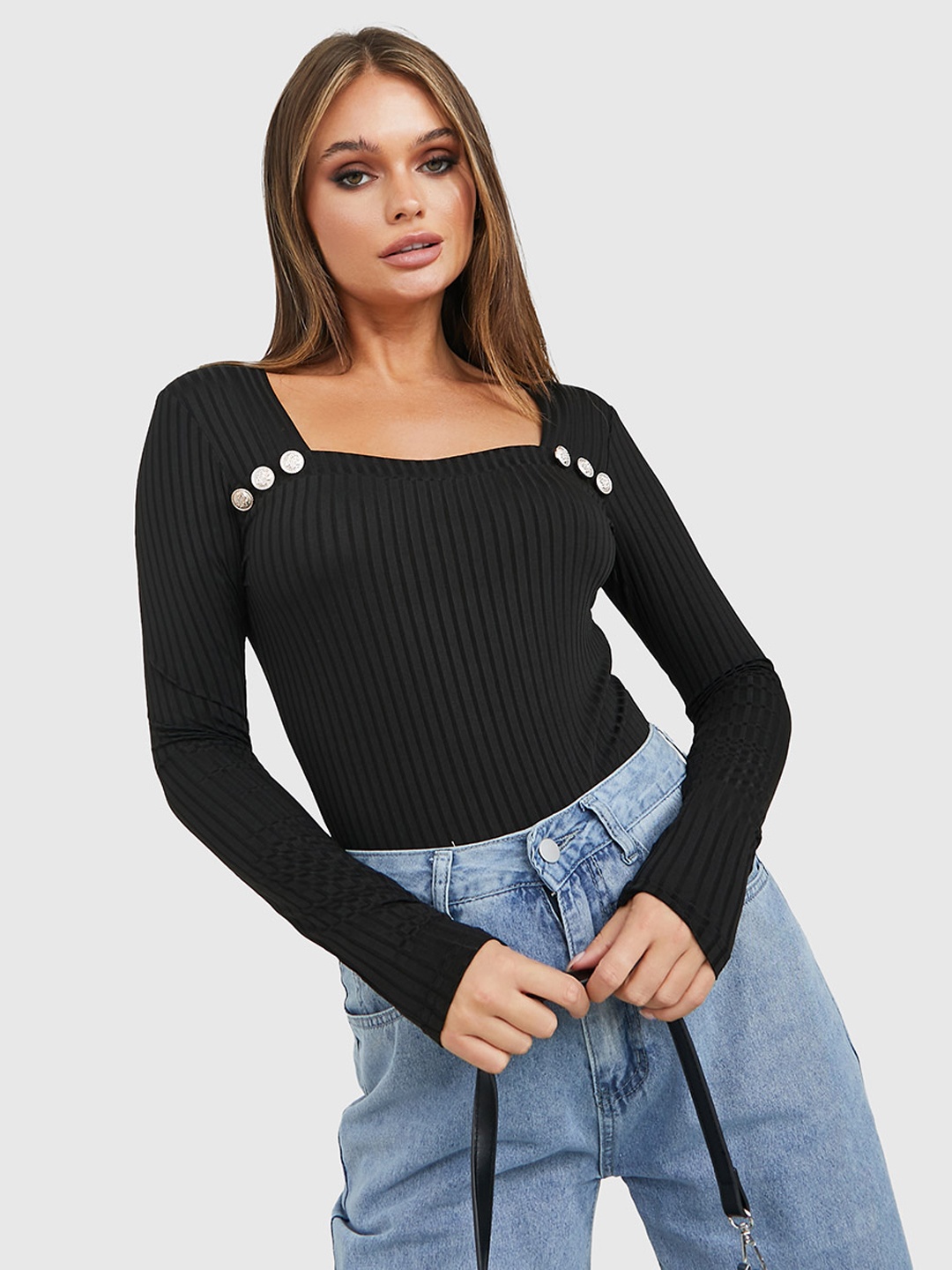 

Styli Women Black Square Neck Bodysuit