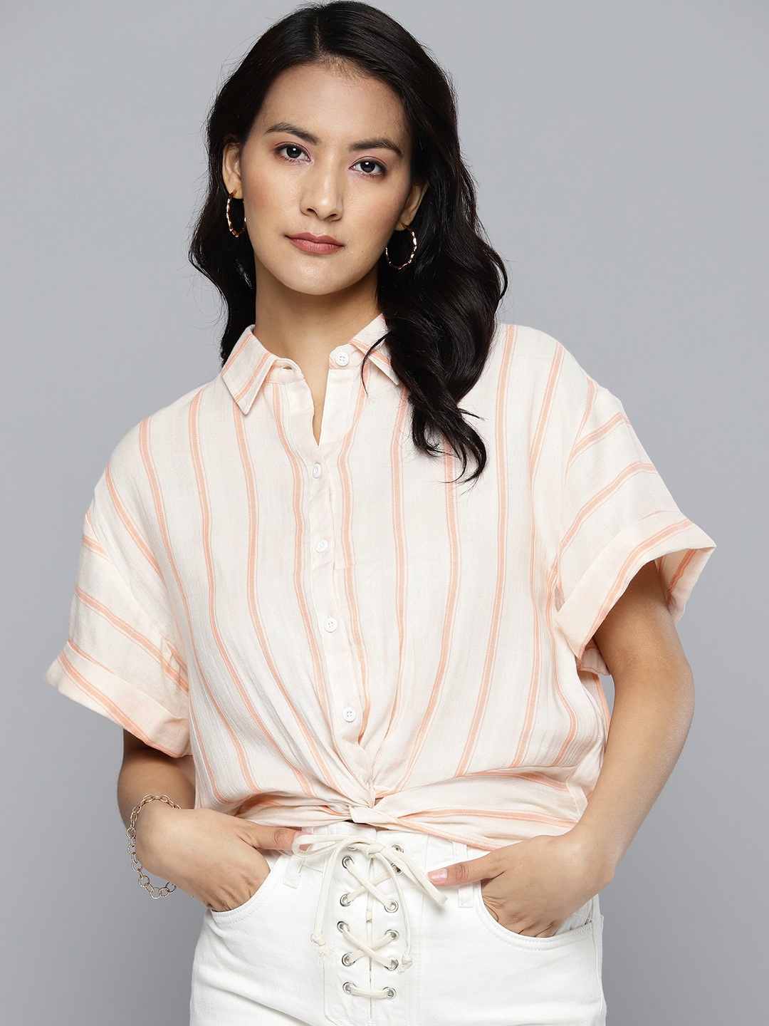 

HERE&NOW Women Striped Casual Shirt, White