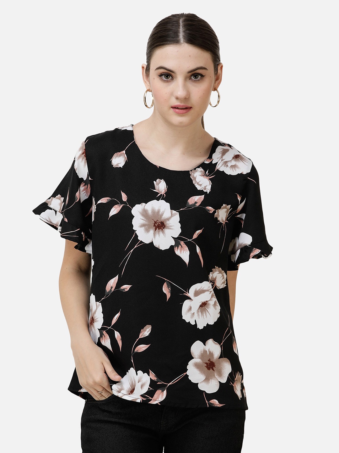 

DECHEN Floral Print Casual Top, Black