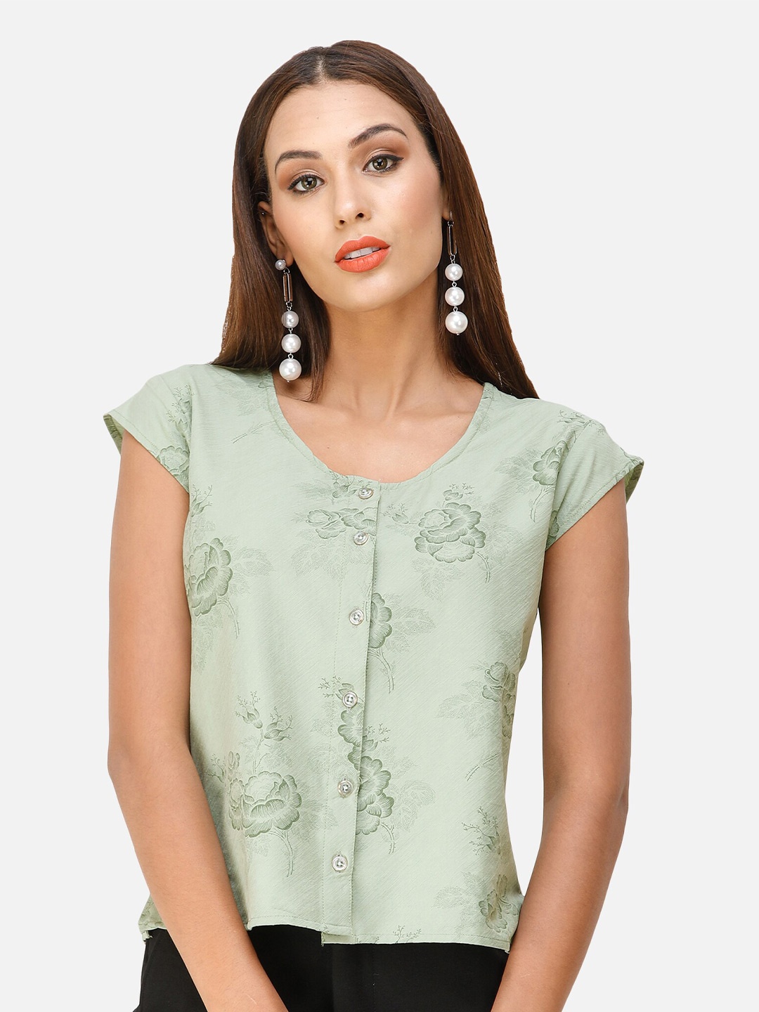 

DECHEN Floral Print Casual Top, Green