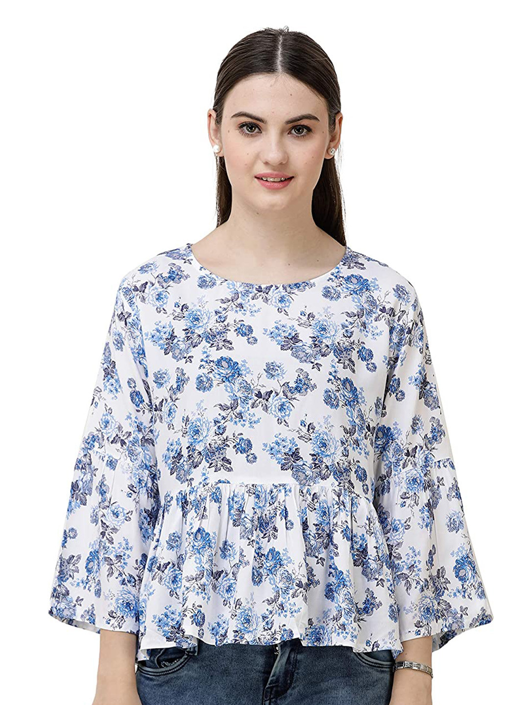 

DECHEN Blue Floral Print Peplum Top