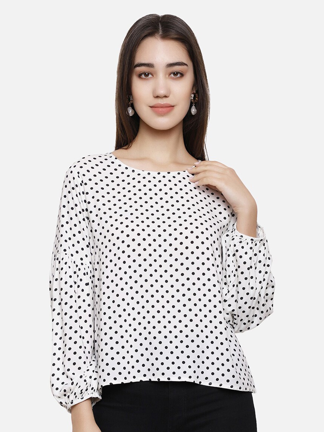 

DECHEN Polka Dots Print Casual Top, White