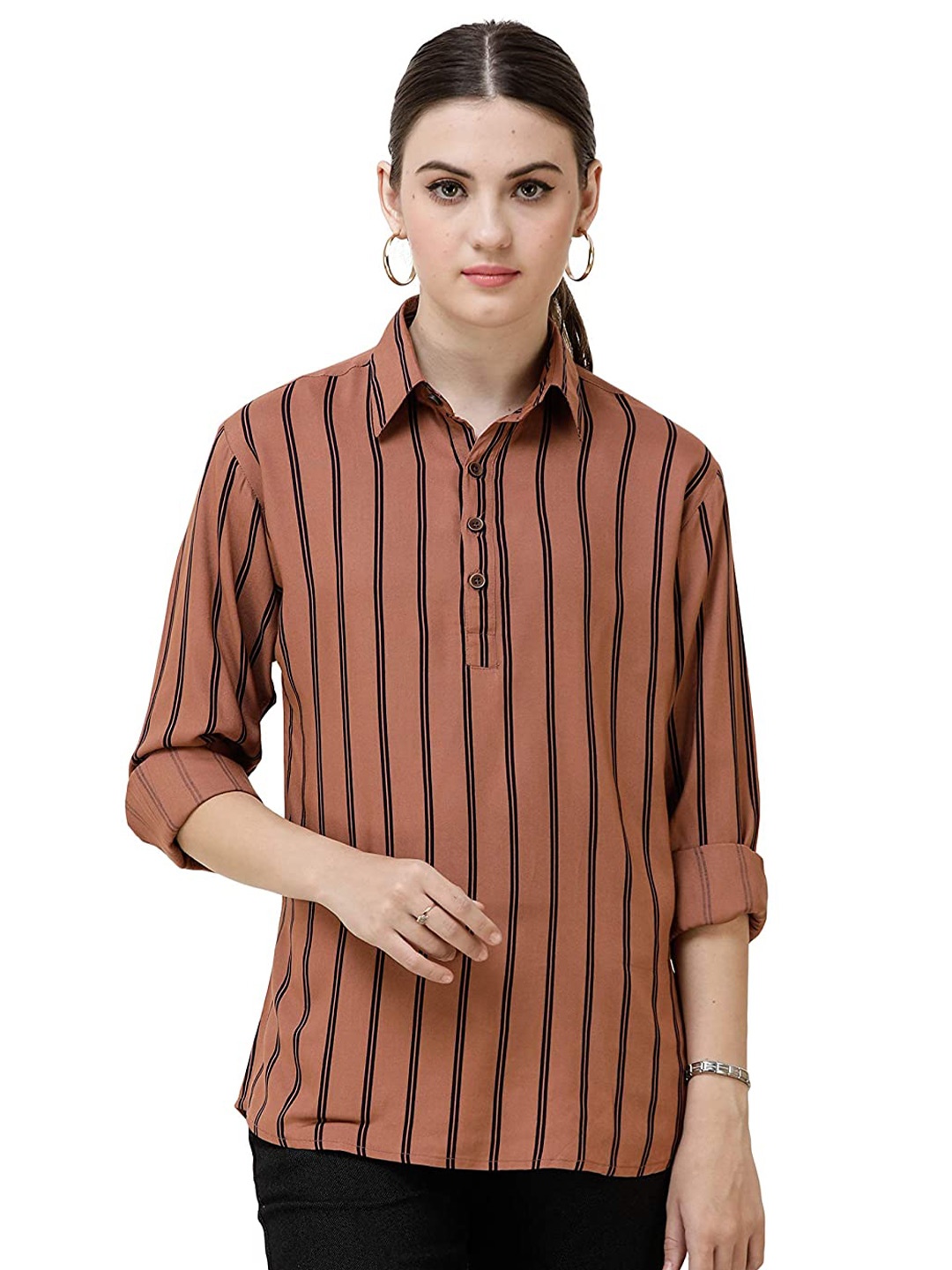 

DECHEN Striped Roll-Up Sleeves Shirt Style Top, Brown