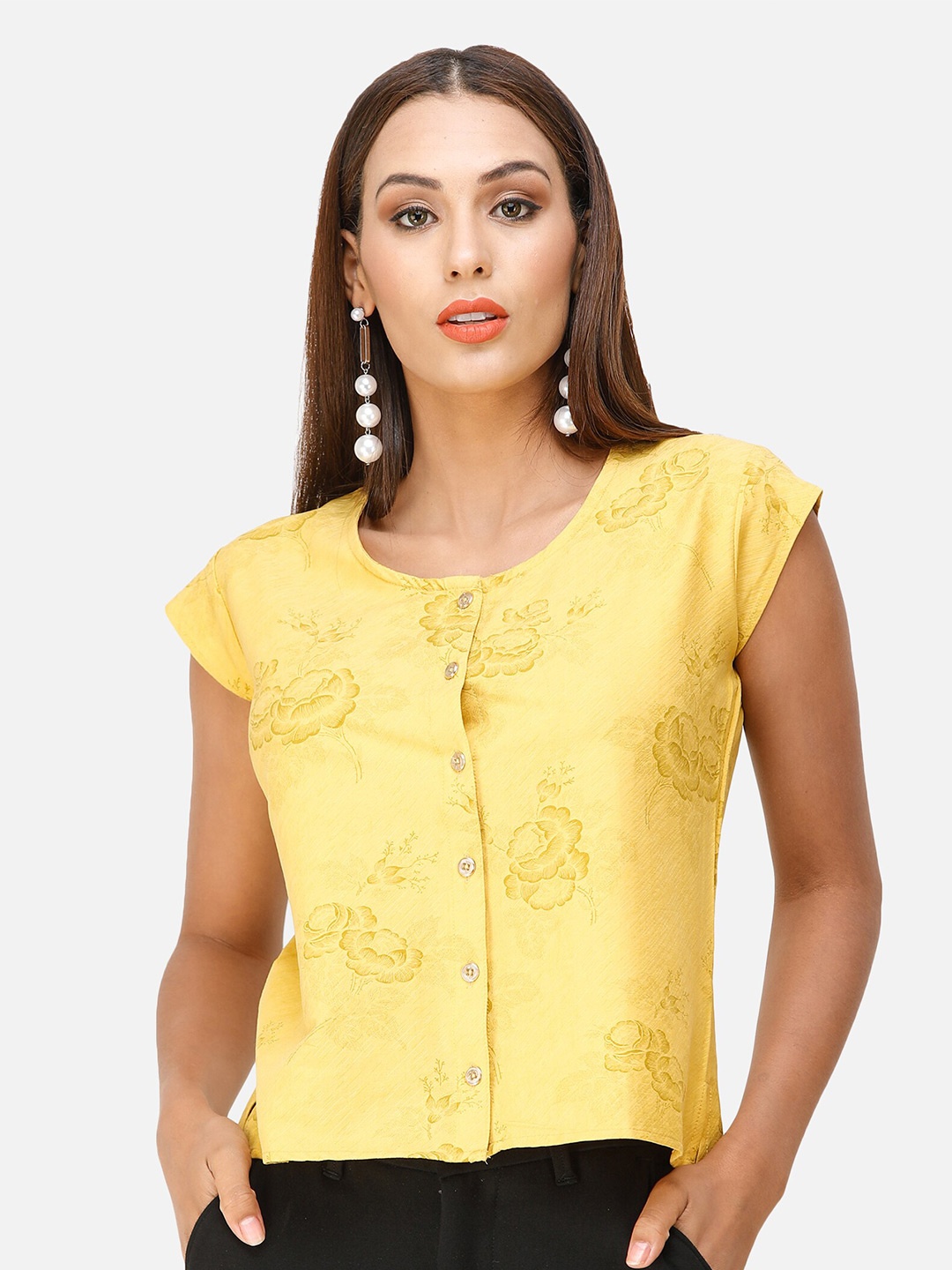 

DECHEN Floral Casual Print Top, Yellow