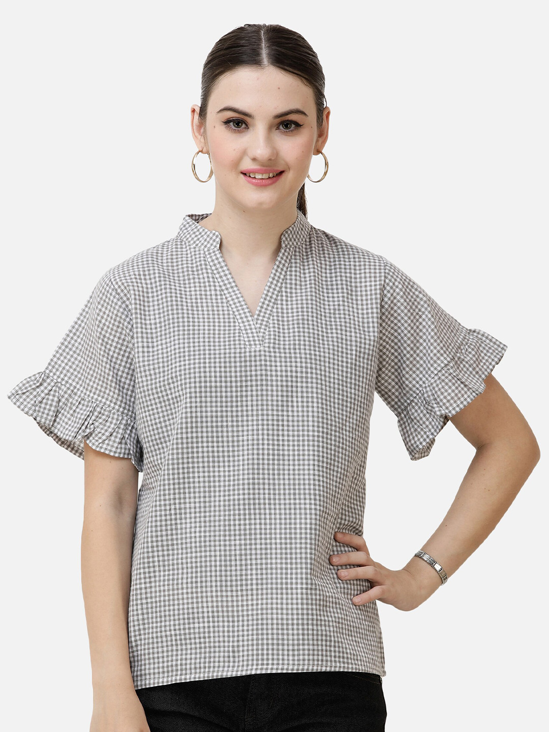 

DECHEN Pure Cotton Checked Mandarin Collar Top, Grey