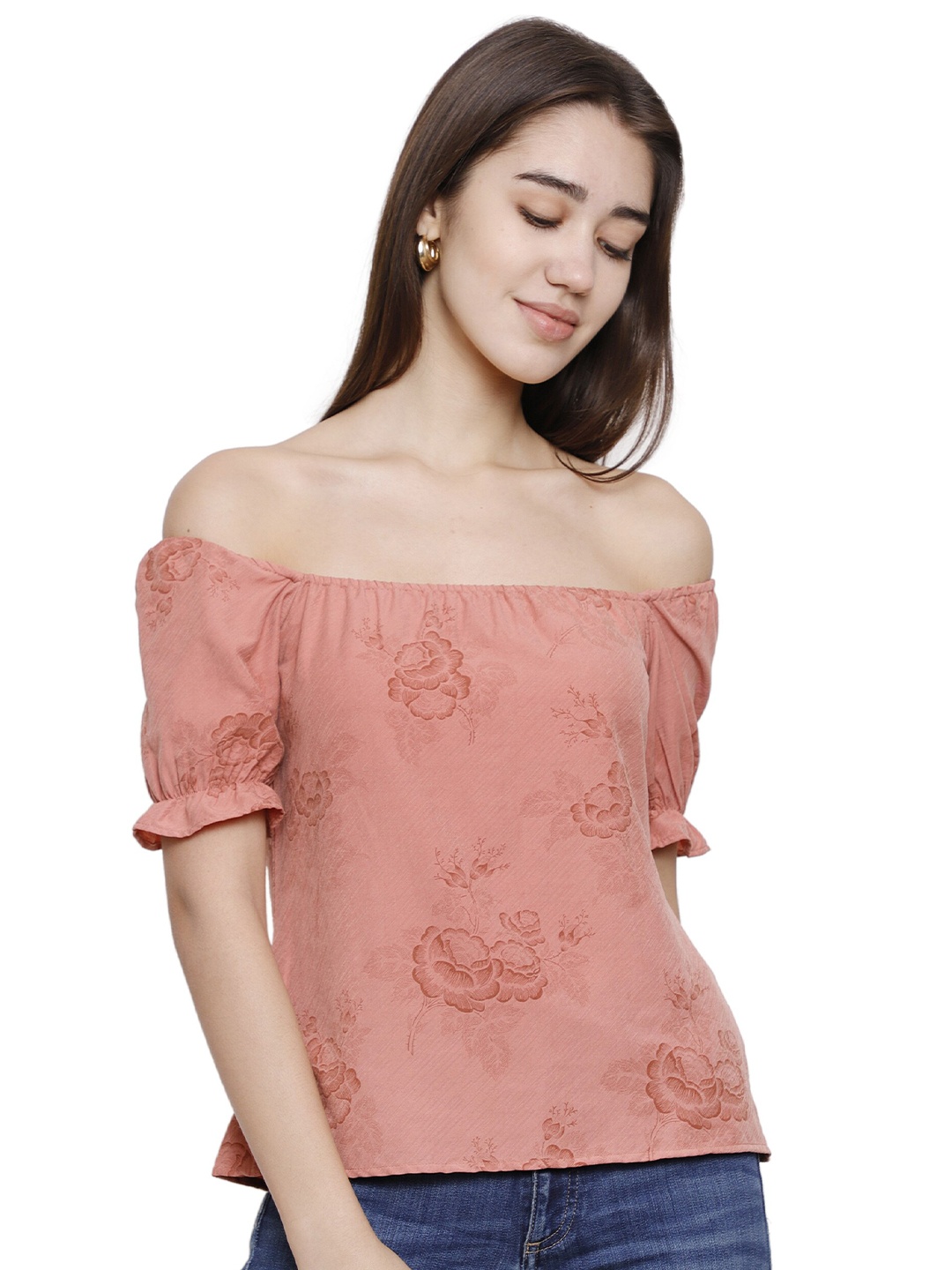 

DECHEN Floral Print Off-Shoulder Bardot Top, Orange