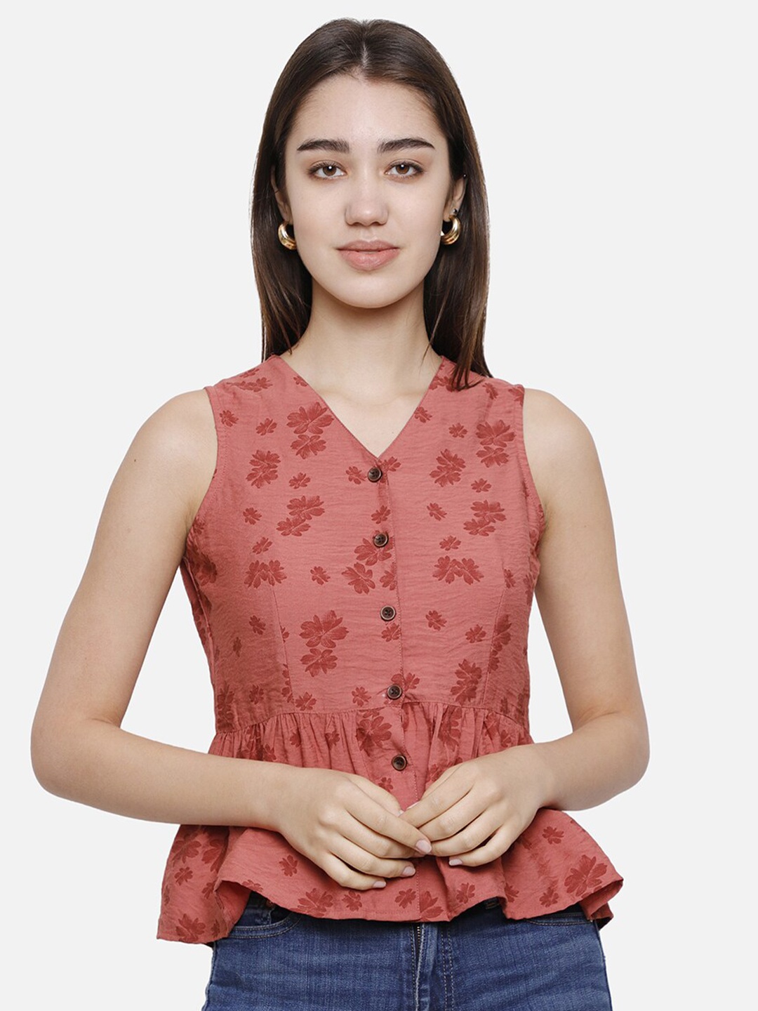 

DECHEN Floral Print Peplum Top, Orange