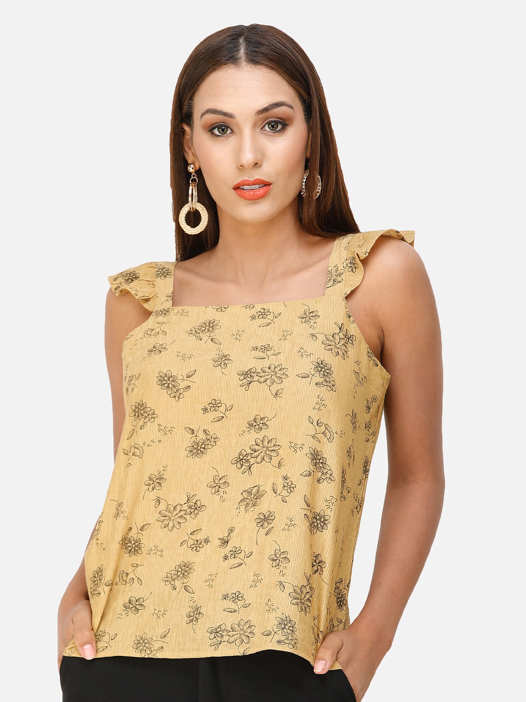

DECHEN Floral Print Ruffles Casual Top, Yellow