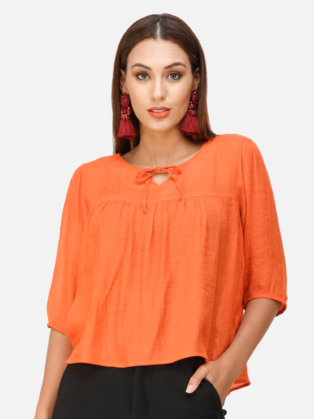 

DECHEN Tie-Up Neck Casual Top, Orange