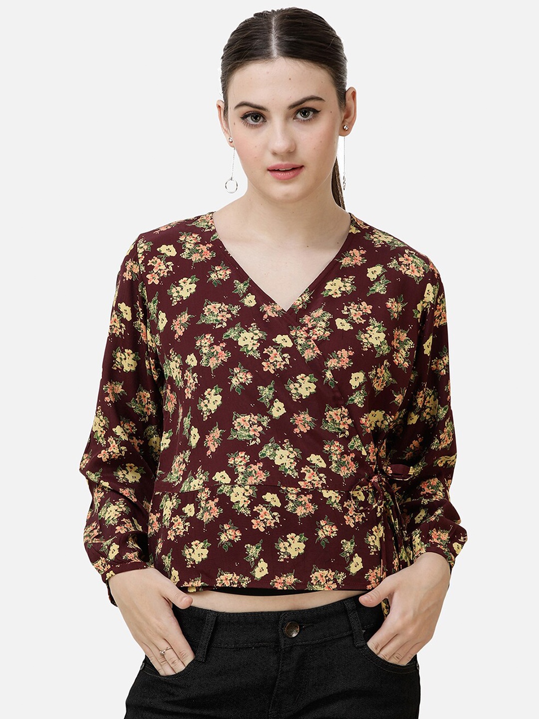 

DECHEN Floral Print Casual Top, Maroon